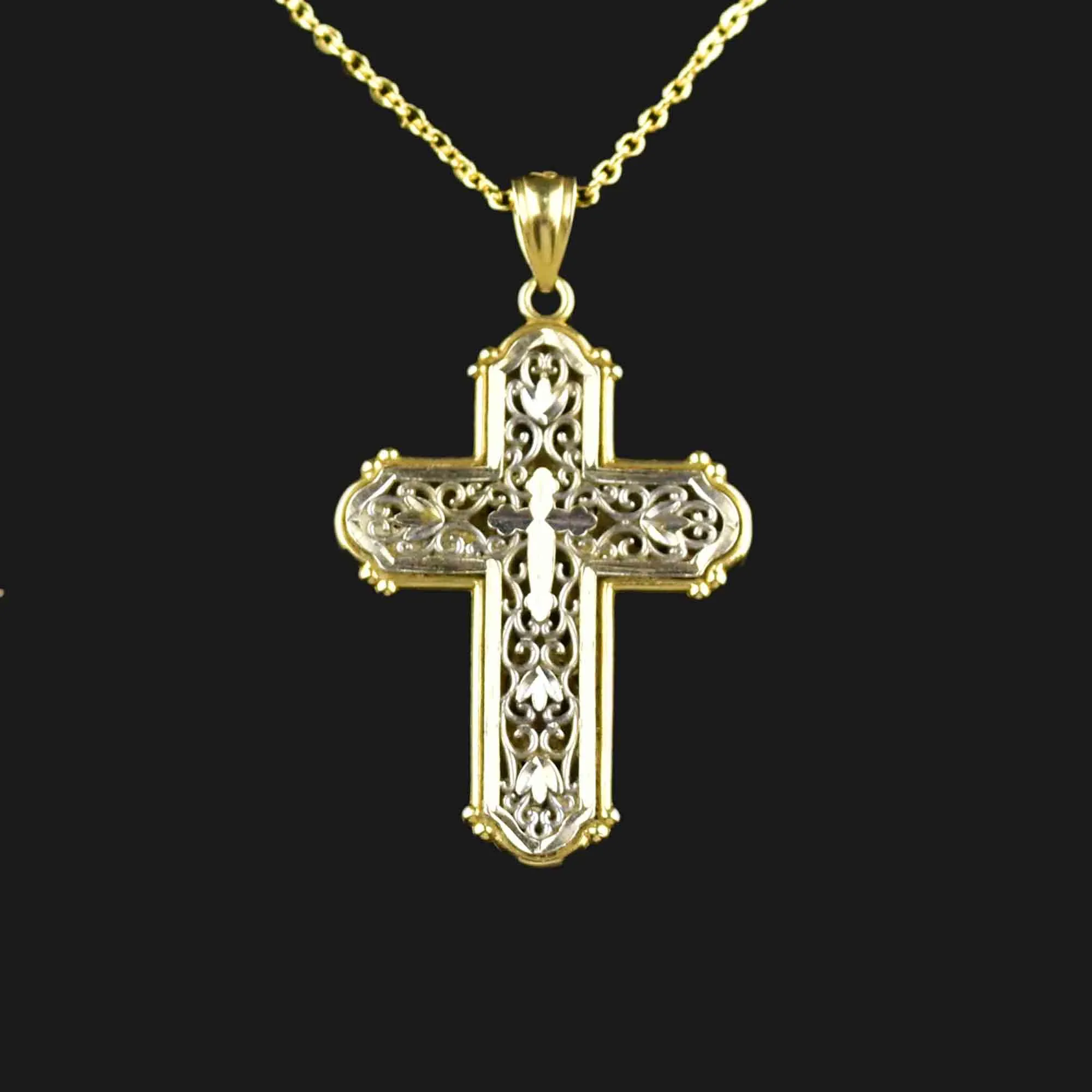 14K Gold Two Tone Reversible Cross Pendant Necklace