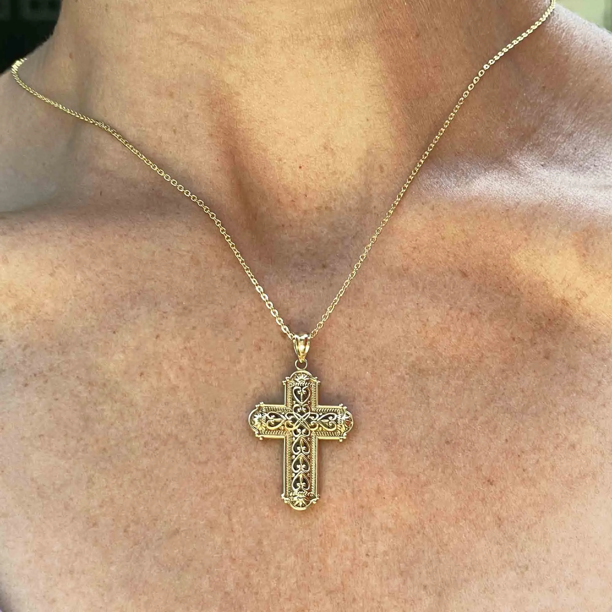 14K Gold Two Tone Reversible Cross Pendant Necklace