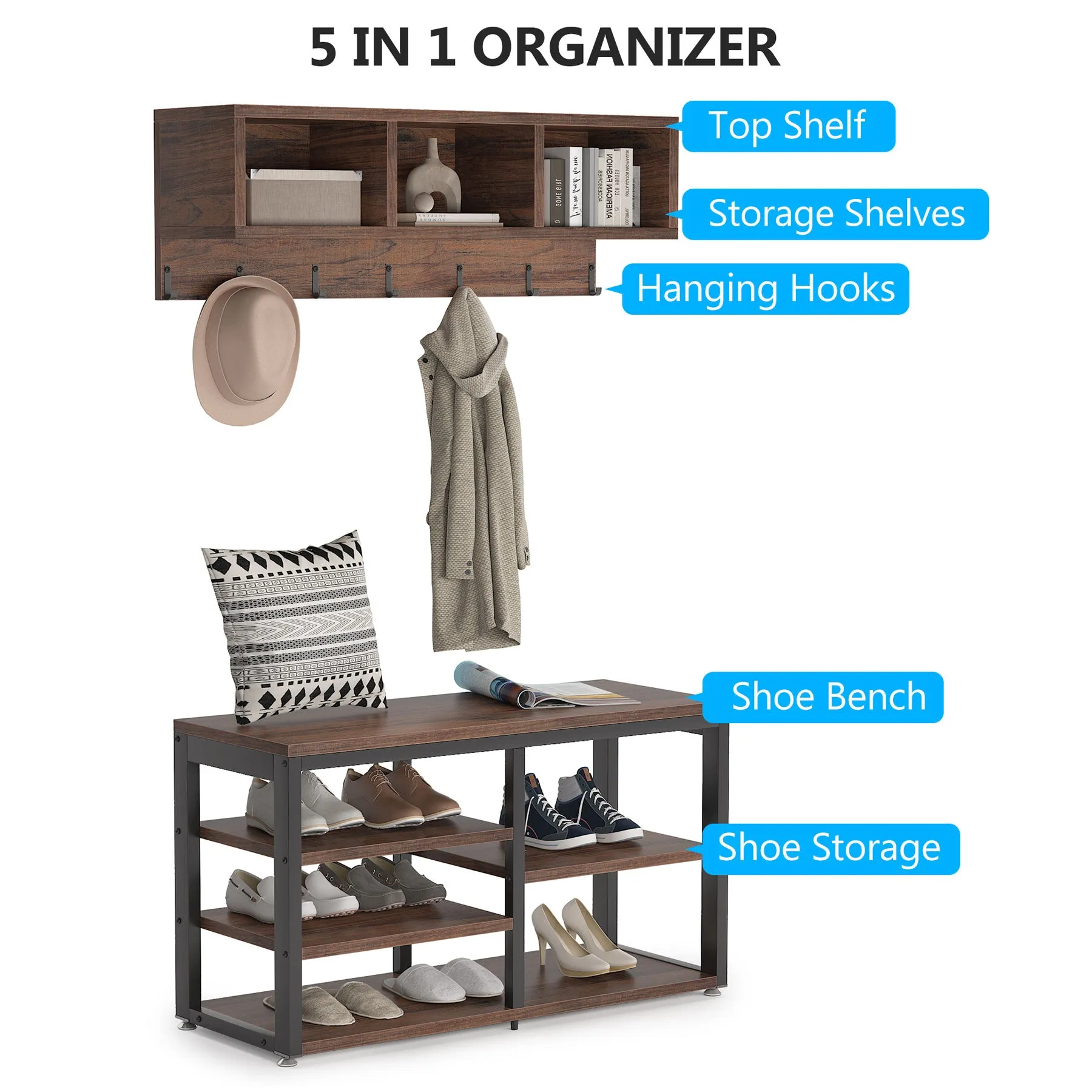 5 IN 1 Coat Rack Shoe Bench Set, Hall Tree with Wall Mounted Shelf