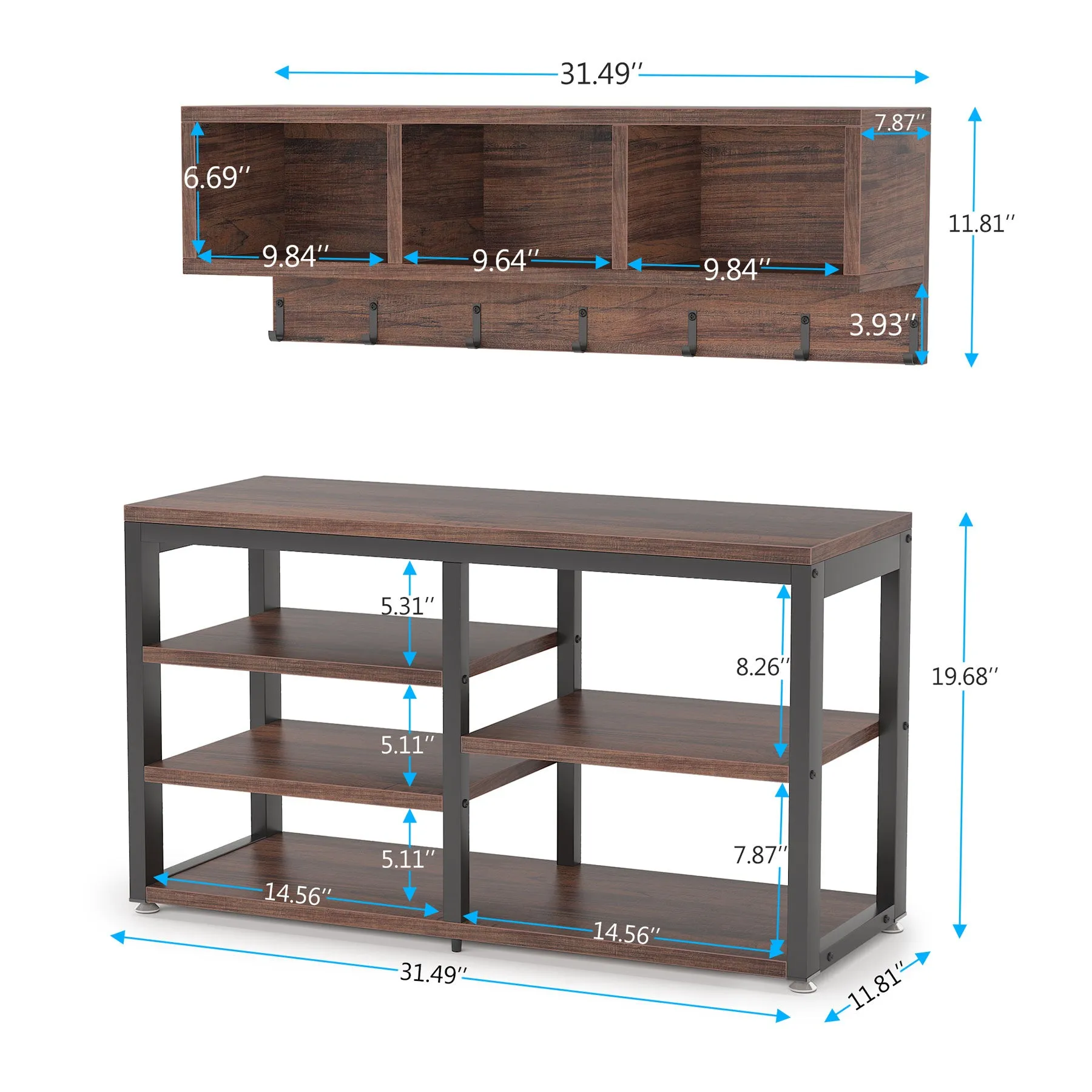 5 IN 1 Coat Rack Shoe Bench Set, Hall Tree with Wall Mounted Shelf