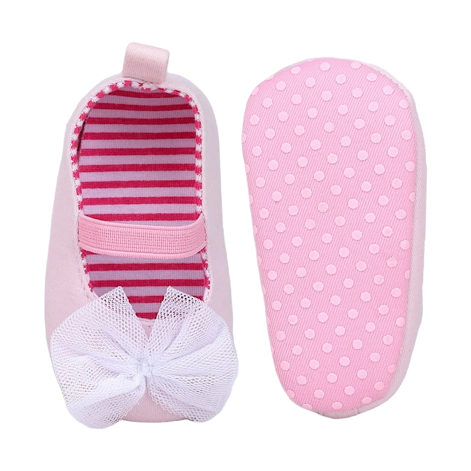 Baby Moo Tulle Bow Elastic Strap Slip-On Anti-Skid Ballerina Booties - Pink