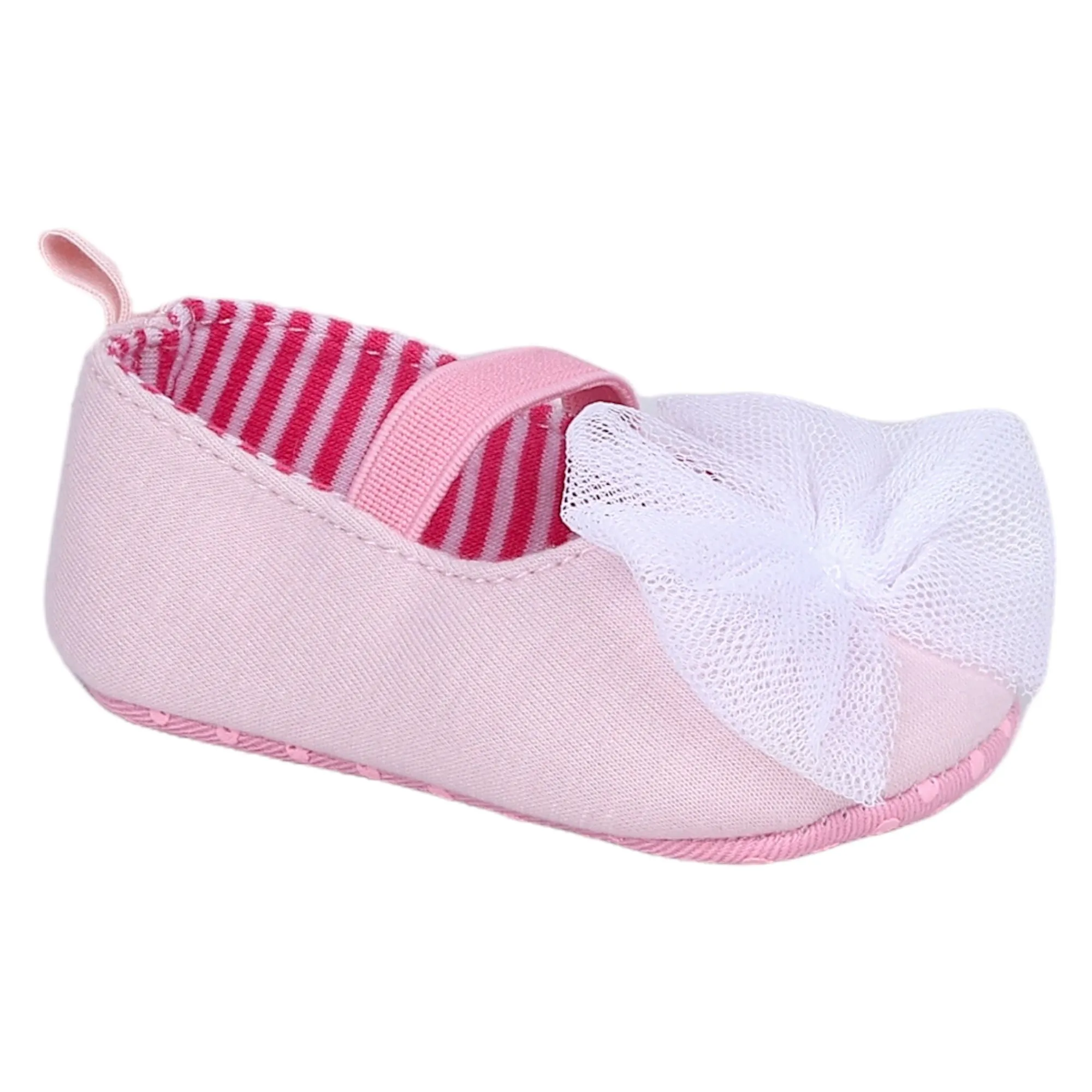 Baby Moo Tulle Bow Elastic Strap Slip-On Anti-Skid Ballerina Booties - Pink