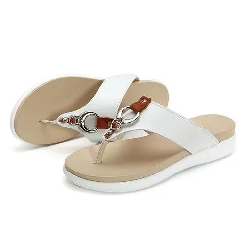 Big Size Metal Clip Toe Leather Flat Casual Beach Slippers