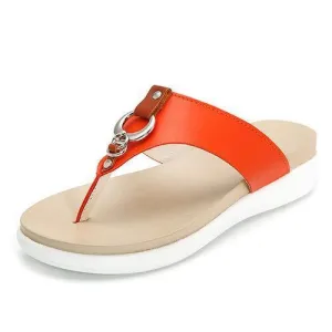 Big Size Metal Clip Toe Leather Flat Casual Beach Slippers