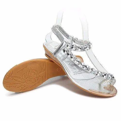 Bling Shiny Beaded Diamond Elastic Clip Toe Wedge Heel Sandals