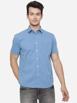 Dusty Blue Printed Slim Fit Semi Casual Shirt | Greenfibre