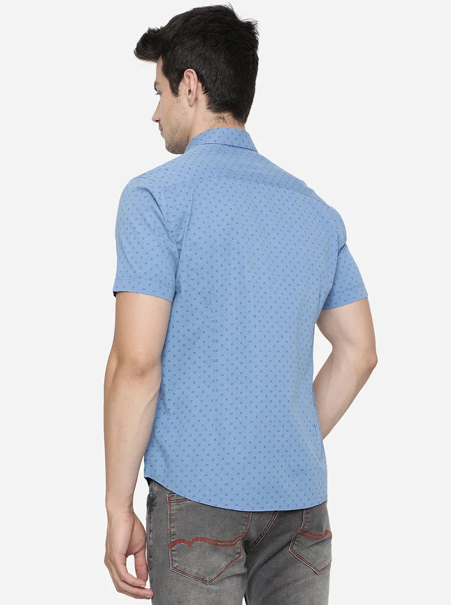 Dusty Blue Printed Slim Fit Semi Casual Shirt | Greenfibre