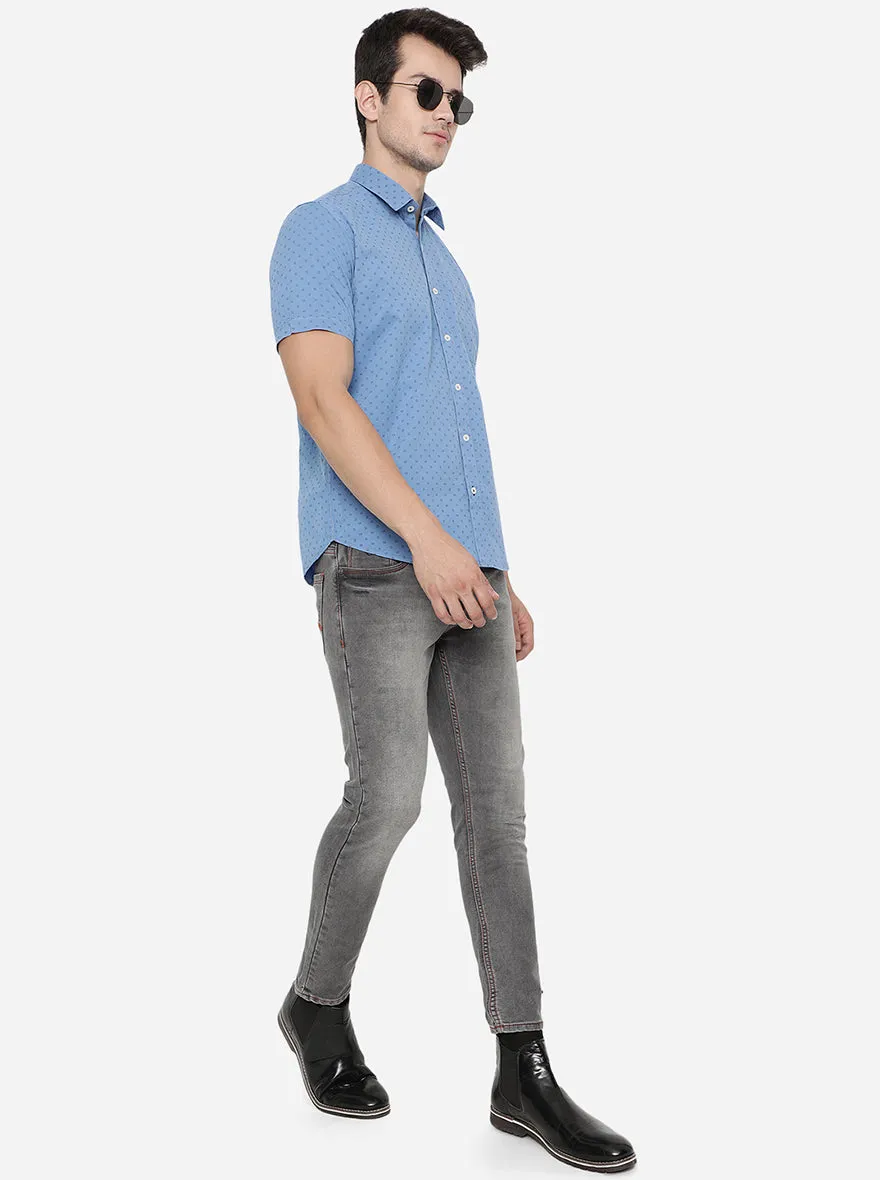 Dusty Blue Printed Slim Fit Semi Casual Shirt | Greenfibre