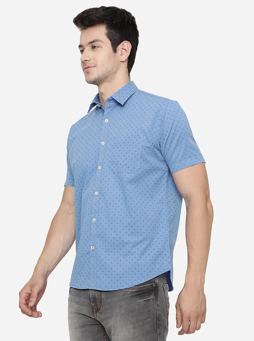 Dusty Blue Printed Slim Fit Semi Casual Shirt | Greenfibre