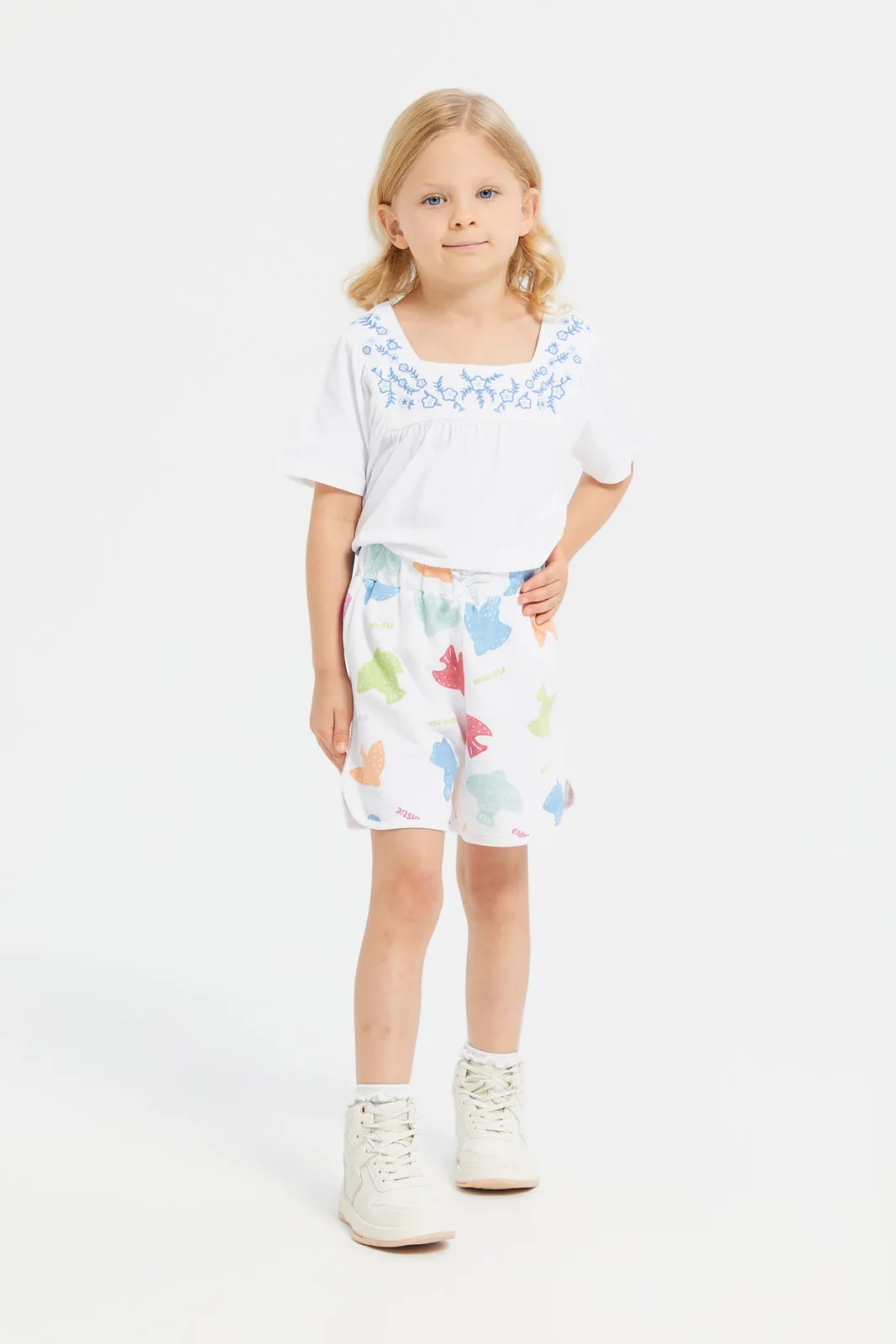 Girls White Bird Printed Shorts