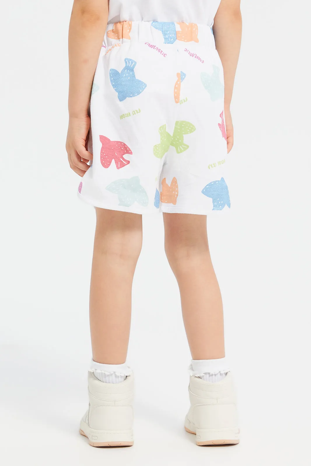 Girls White Bird Printed Shorts