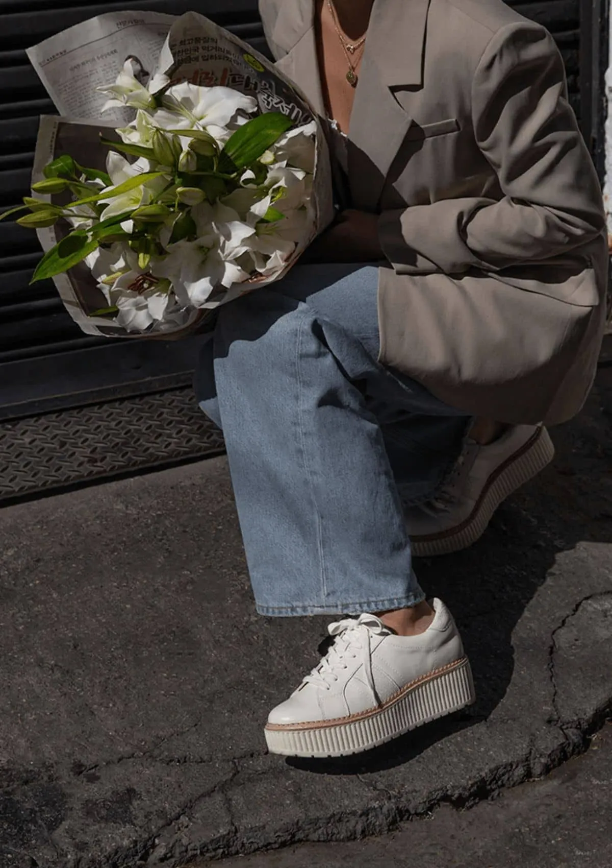 "Tiger" White Leather Lace Up Sneakers with Platform Sole