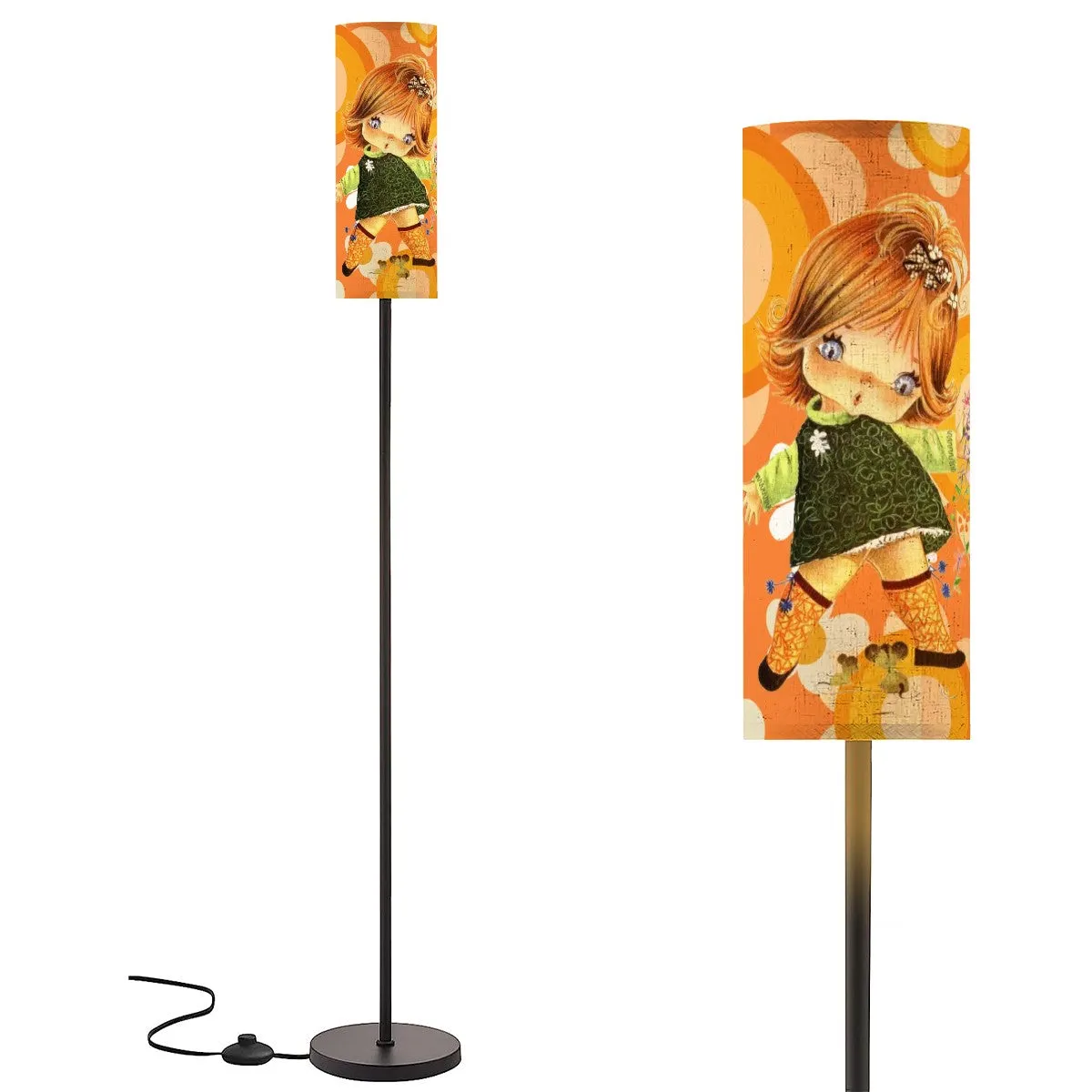 Retro 60s 70s Big-Eyed Girl Art Lamp, Flower Power Orange