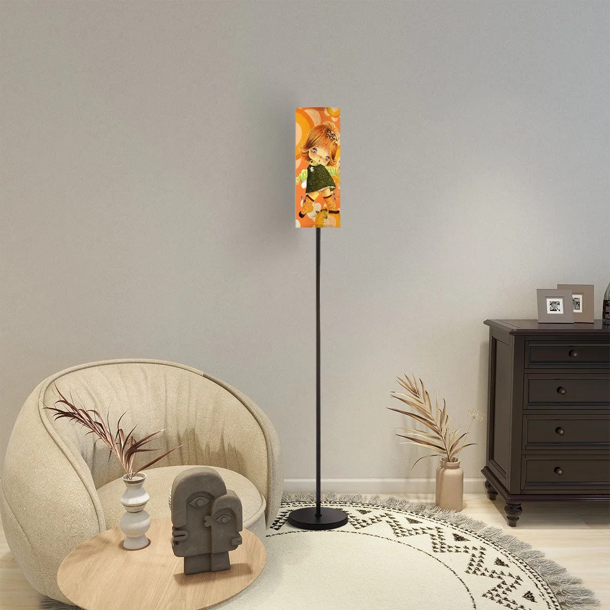 Retro 60s 70s Big-Eyed Girl Art Lamp, Flower Power Orange