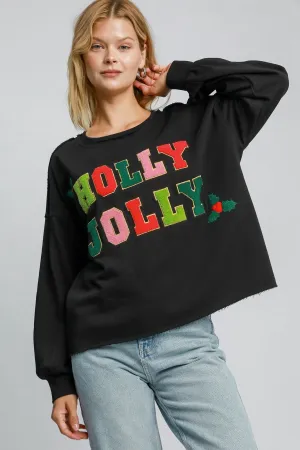 Umgee "HOLLY JOLLY" Letter Patched French Terry Top in Black